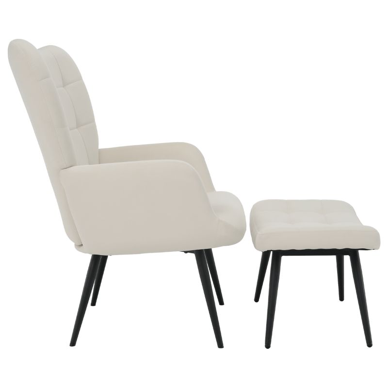 Luxusné kreslo s podnožou, biela Velvet látka a čierne nohy