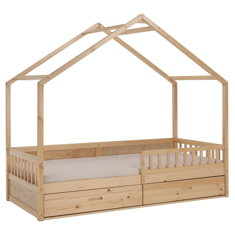 Pohodlná montessori posteľ v tvare domčeka, 90x200, prírodná, masív