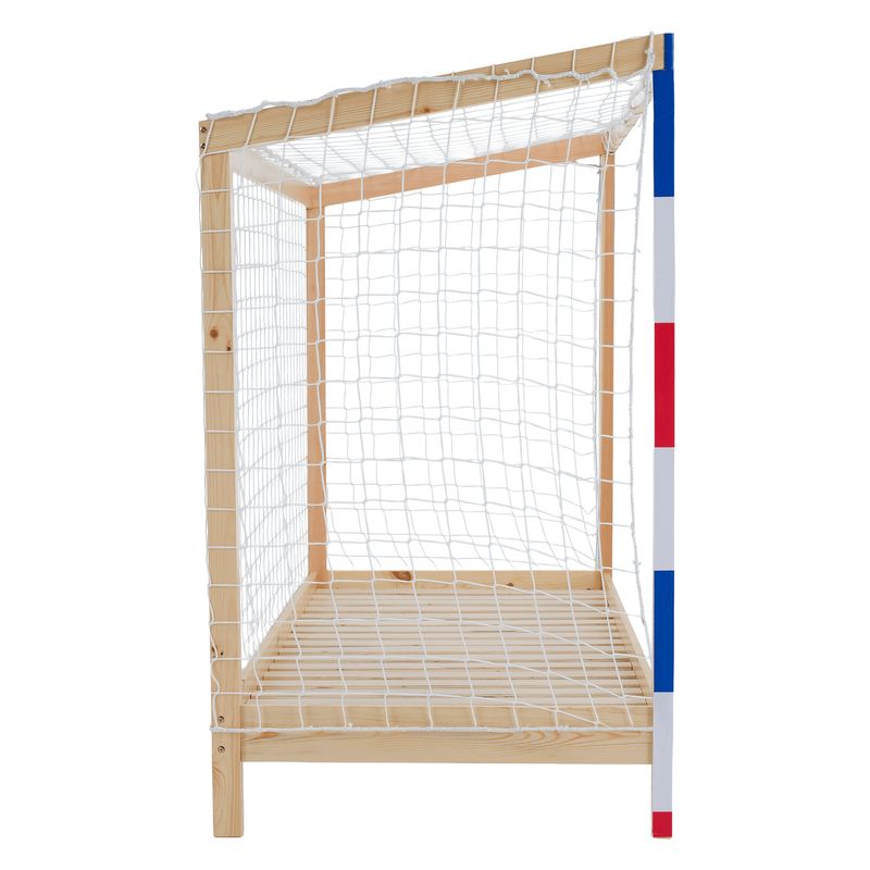 Montessori posteľ v tvare futbalovej brány 90x200, prírodná-biela-modrá-červená