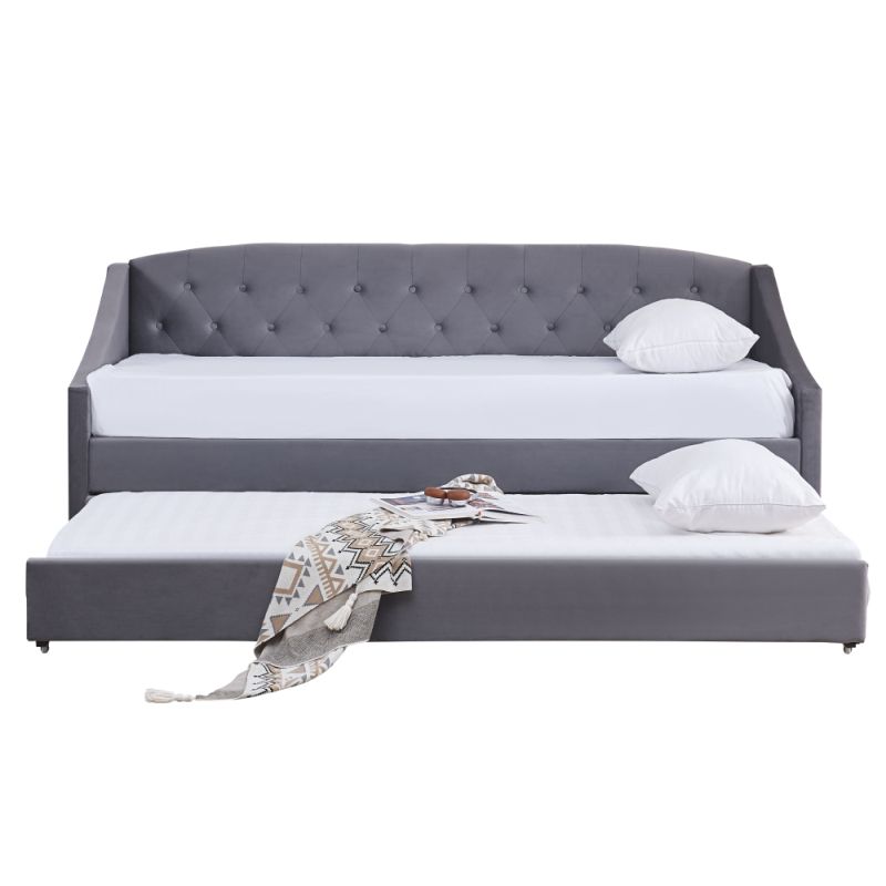 Rozkladacia posteľ s prístelkou, čalúnená látkou v sivom prevedení