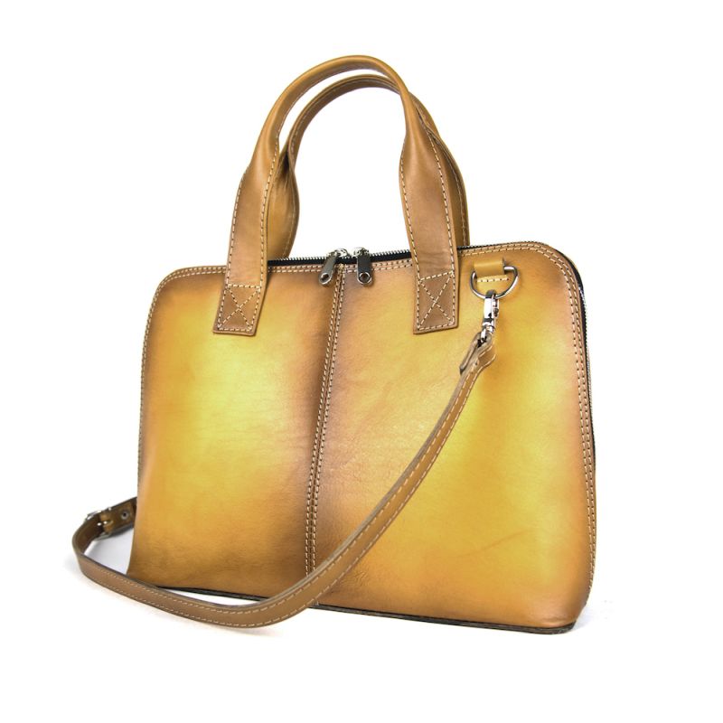 Dámska kožená kabela vhodná na formát A4, ručne tieňovaná, tmavo žltá farba