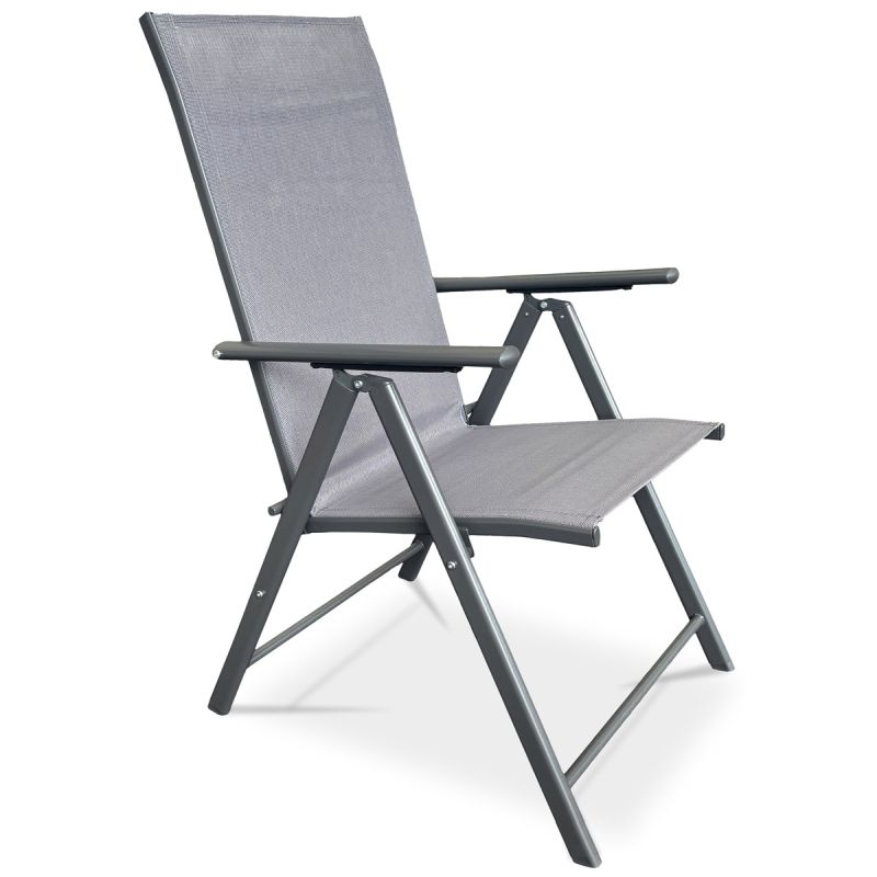 Moderná záhradná stolička v sivej látke s nastaviteľným operadlom