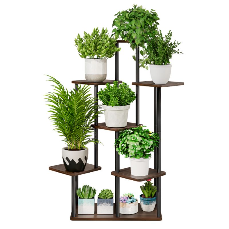 Kovový stojan na kvety, čierny-rustikálne drevo