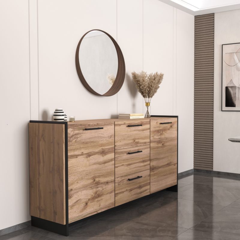 Komoda 2D3S, 3x šuplík a 2x skrinka, dub wotan-čierna