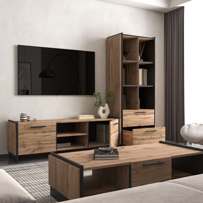 Otvorený regál 2S, 2x šuplík, dub wotan-čierna