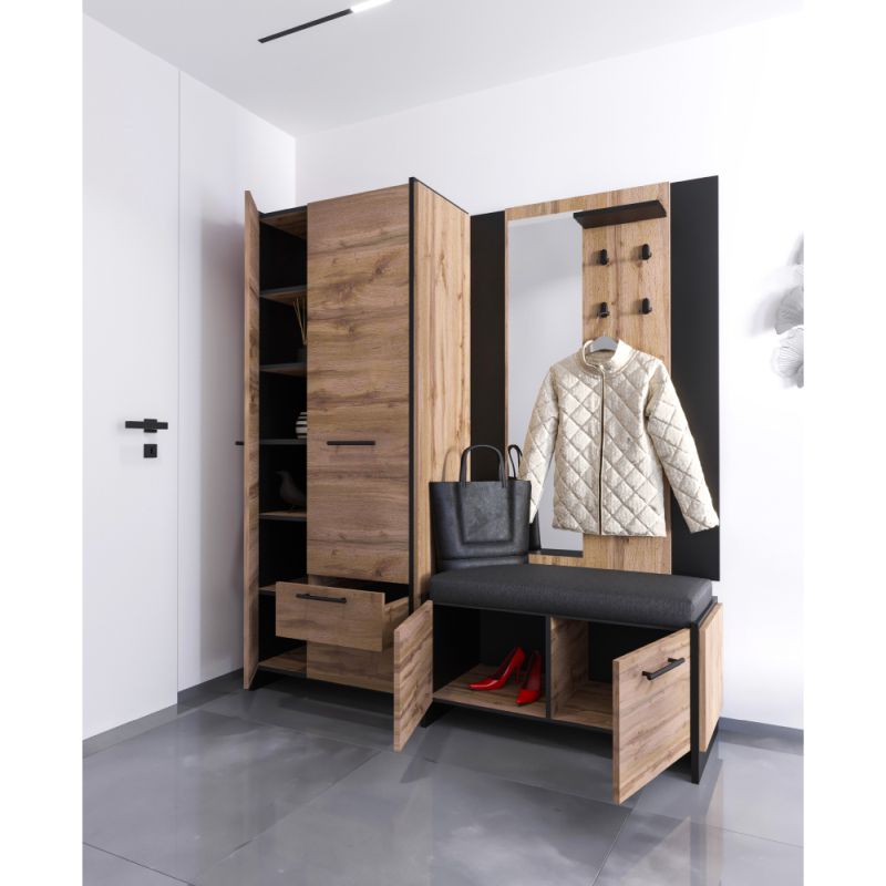 Vešiakový panel so zrkadlom, dub wotan-čierna