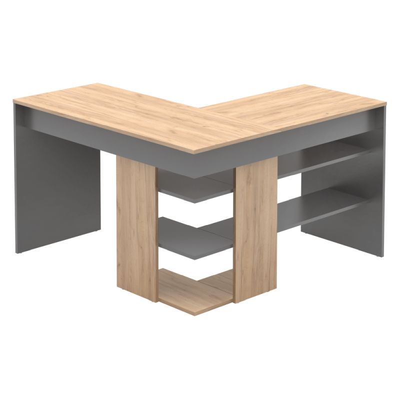 Rohový PC stôl s otvoreným úložným priestorom, dub artisan-grafit