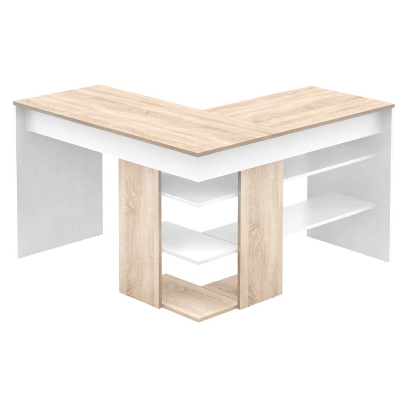 Rohový PC stôl s otvoreným úložným priestorom, dub sonoma-biela