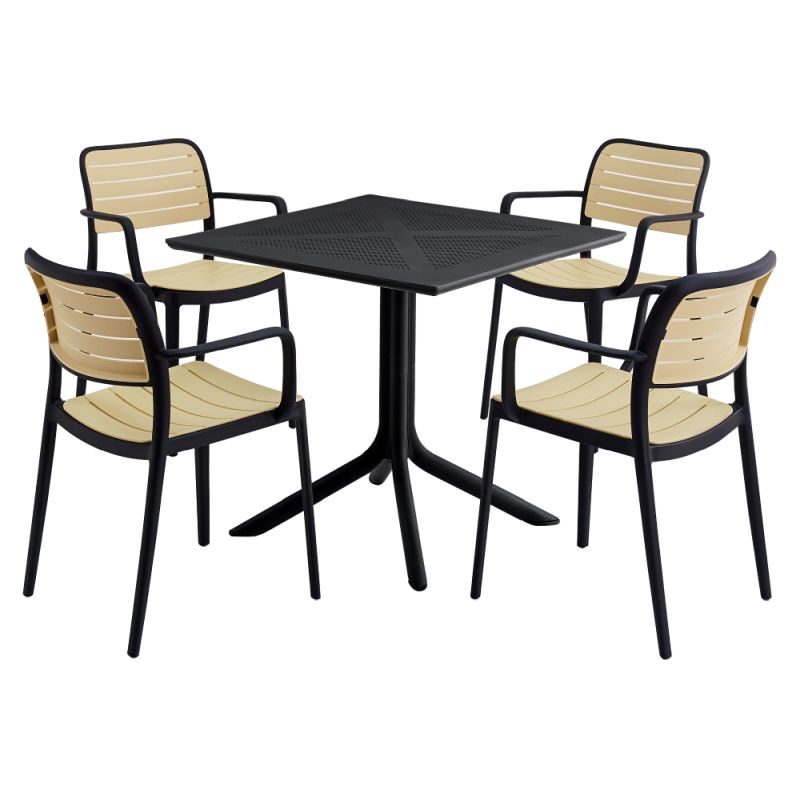 Stohovateľná plastová stolička s podrúčkami, čierna-béžová