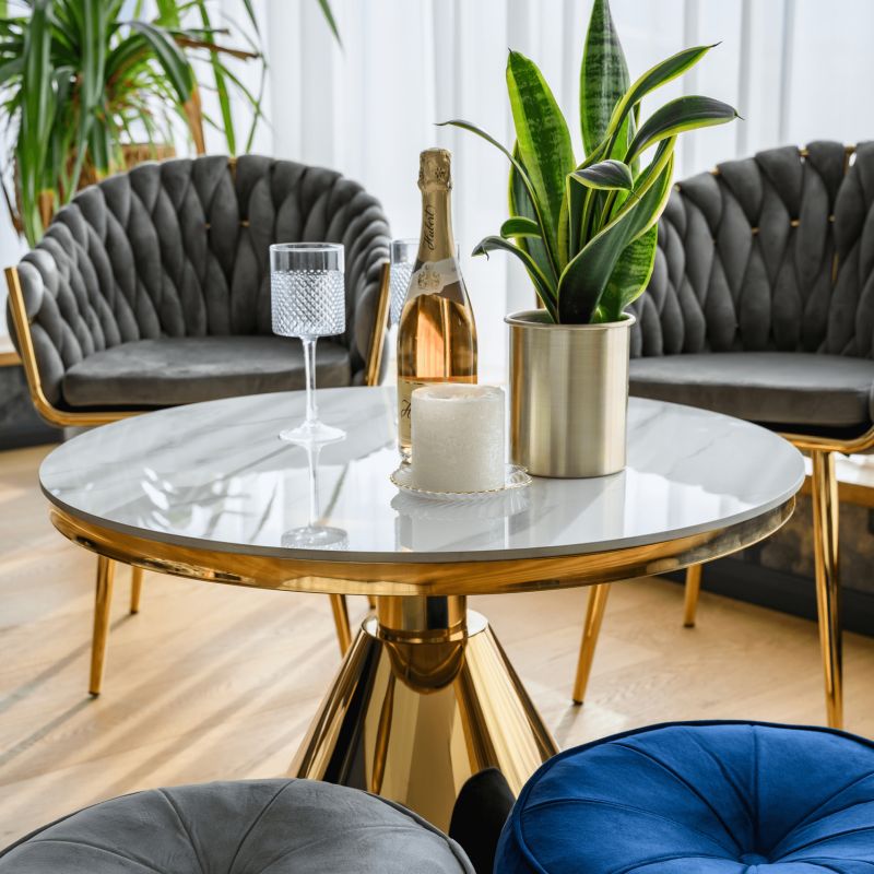 Okrúhly konferenčný stolík, zlatá-biely mramor