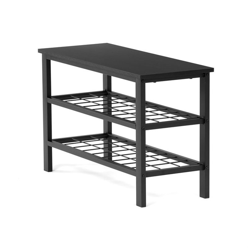 Štýlový botník s lavicou, 2 police, poťah čierna ekokoža, kov - čierny matný lak