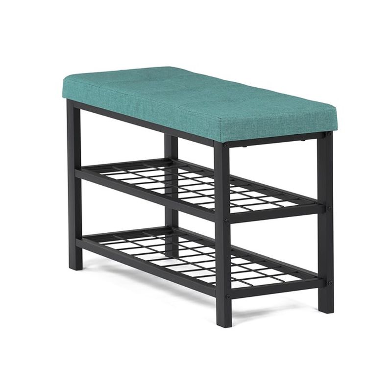 Štýlový botník s lavicou, 2 police, poťah zelená látka, kov - čierny matný lak