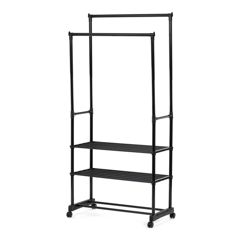 Stojan na šaty čierny, dvojramenný s tromi policami