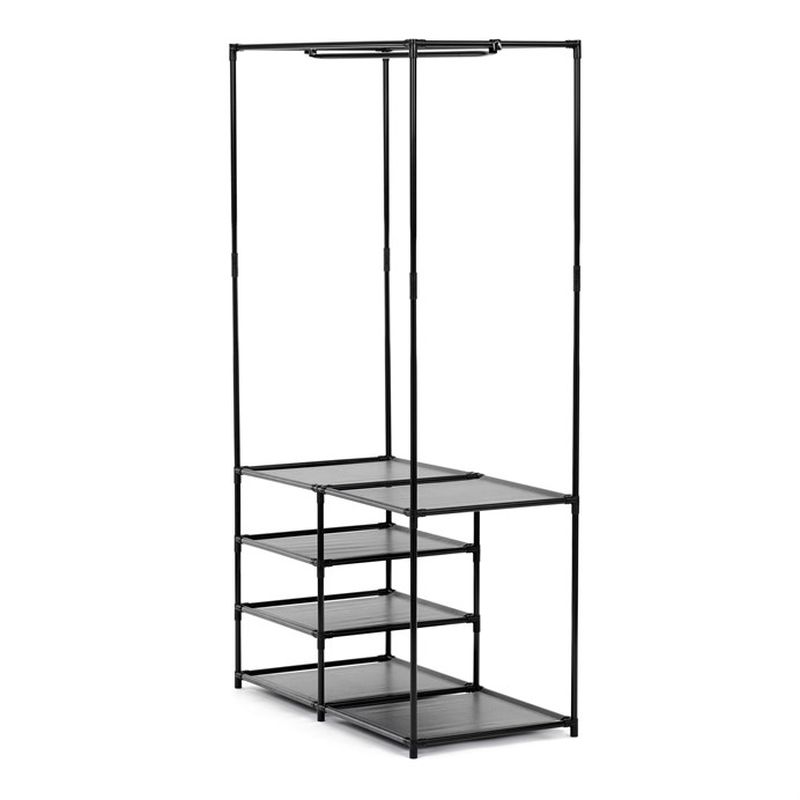 Stojan na šaty čierny, dvojramenný s policami