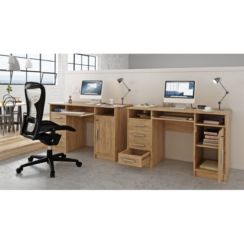 PC stôl so zamykateľnou skrinkou a šuplíkmi, dub artisan