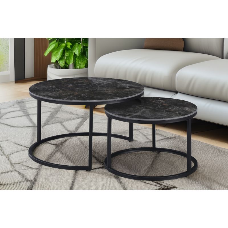 Okrúhle konferenčné stolíky, set 2 ks, čierny mramor-čierna oceľ