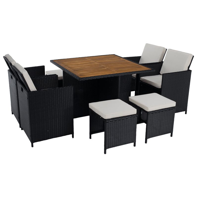 Záhradný ratanový set, akáciové drevo, čierna-krémová-prírodná