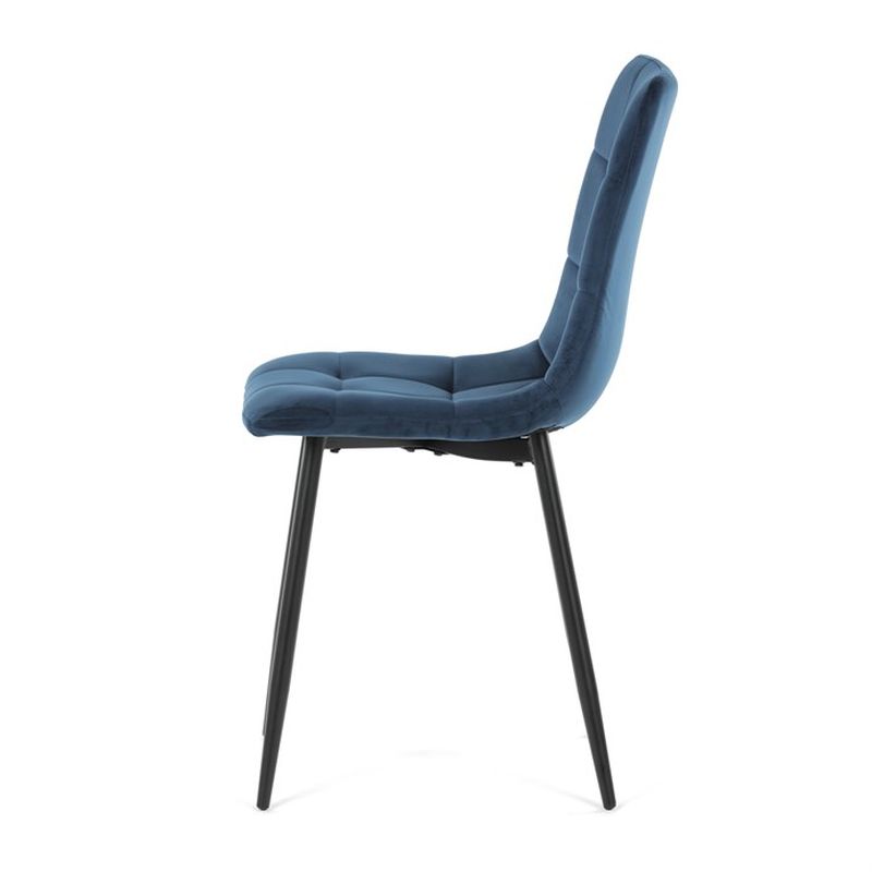 Jedálenská minimalistická stolička v industriálnom štýle, modrá zamatová látka