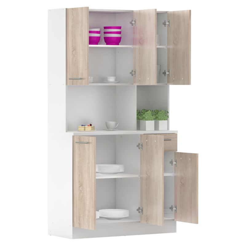 Šesťdverový kredenec, biela-dub sonoma