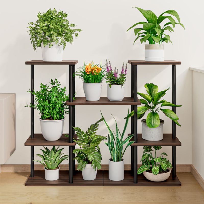 Kovový stojan na kvety, čierna-rustikálne drevo