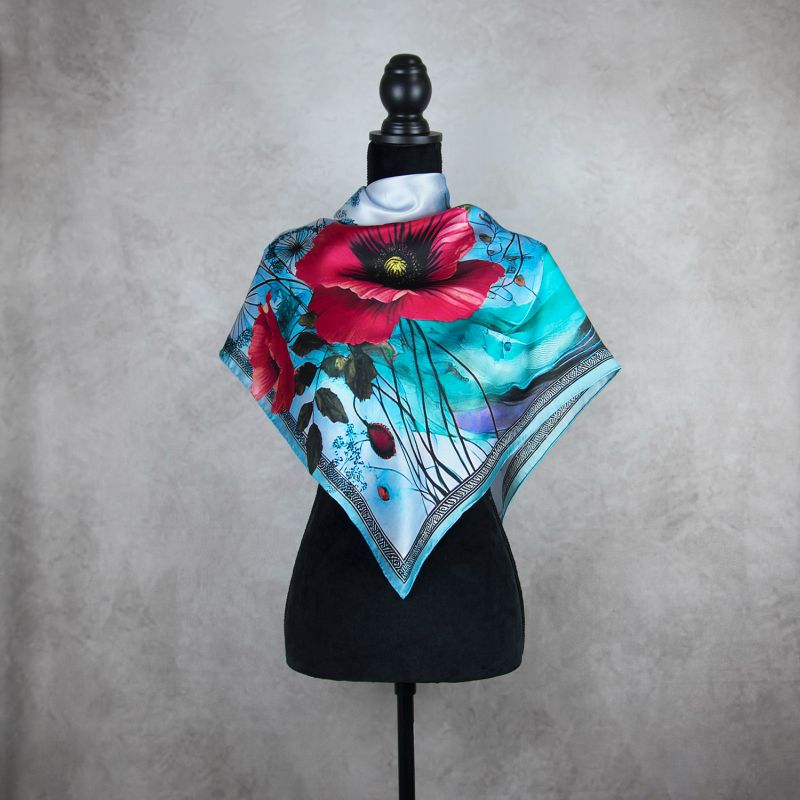 Módna hodvábna šatka MAK VLČÍ - MODRÝ, 90 x 90cm