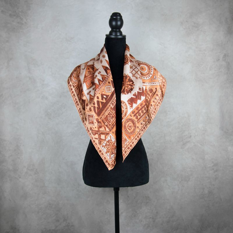 Módna hodvábna šatka ČIČMANY - SÉPIA, 90 x 90cm