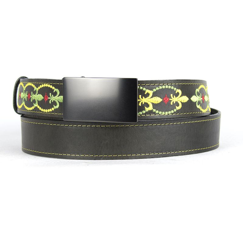 Limitovaný kožený opasok s výšivkou a brzdovou prackou, 151 cm, typ14