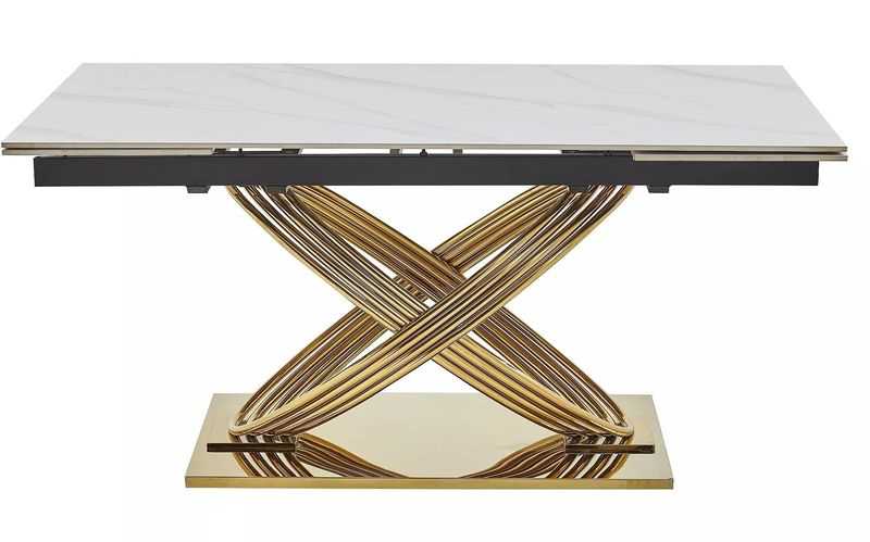 Nadčasový jedálenský stôl rozkladací, zlatá-biela keramika efekt mramoru