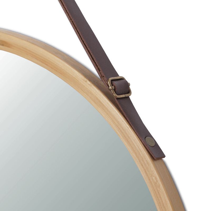 Okrúhle bambusové nástenné zrkadlo 45 cm s koženým závesom