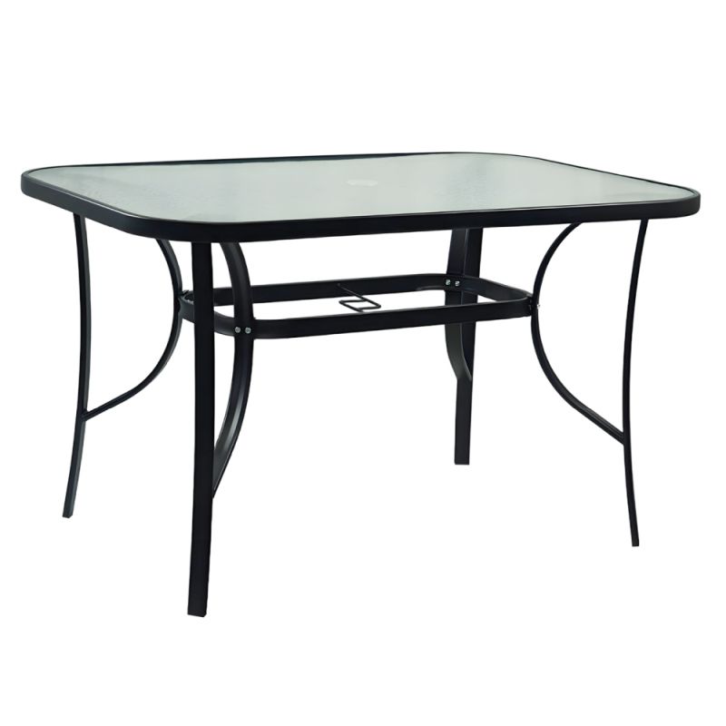 Záhradný jedálenský stôl, tvrdené sklo, oceľ