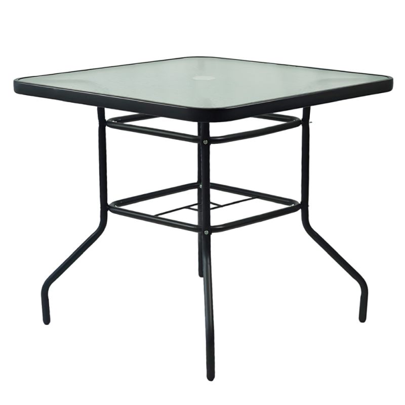 Záhradný jedálenský stôl, 80×80cm, tvrdené sklo, oceľ