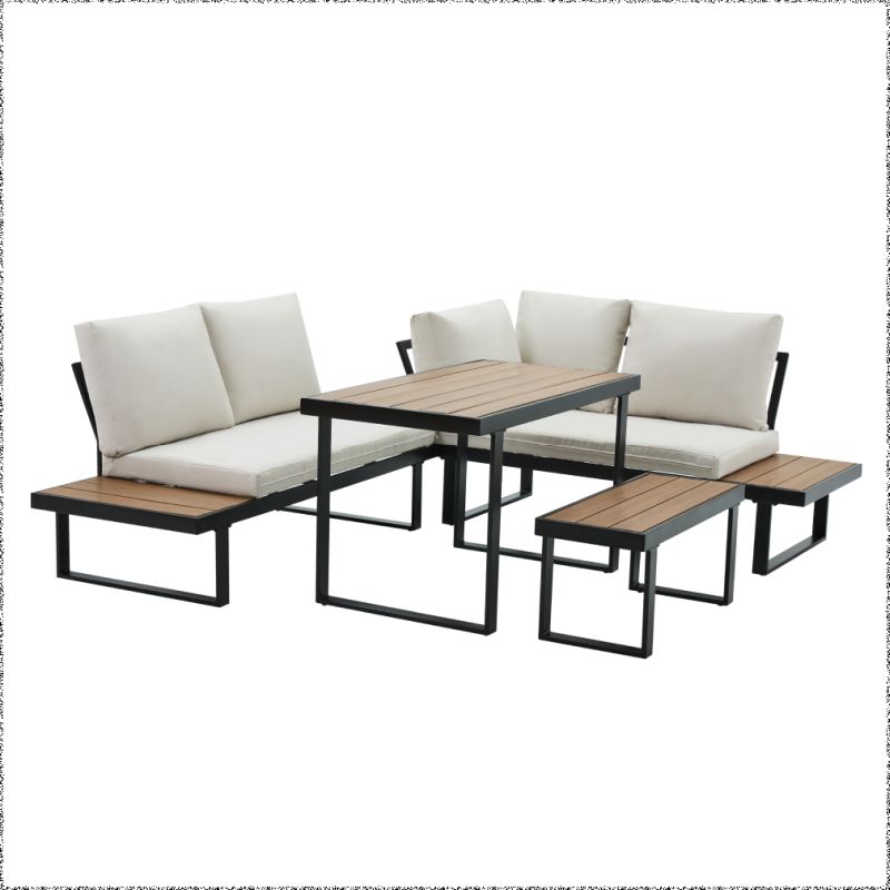 Záhradný set, čierny s krémovými vankúšmi a dubovým polywoodom