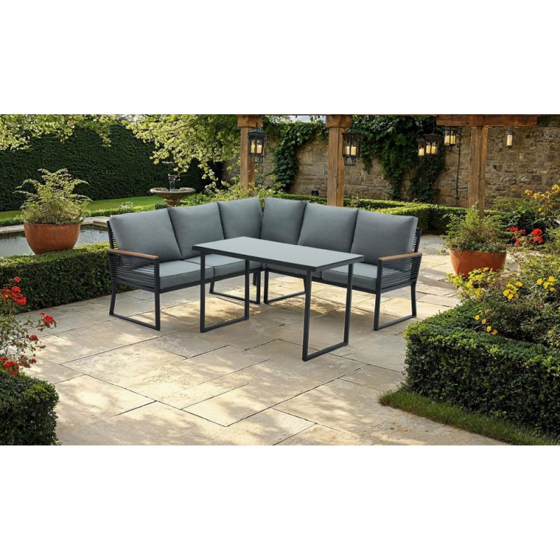 Záhradný set, čierny, sivý, s akáciovým drevom a skleneným stolom