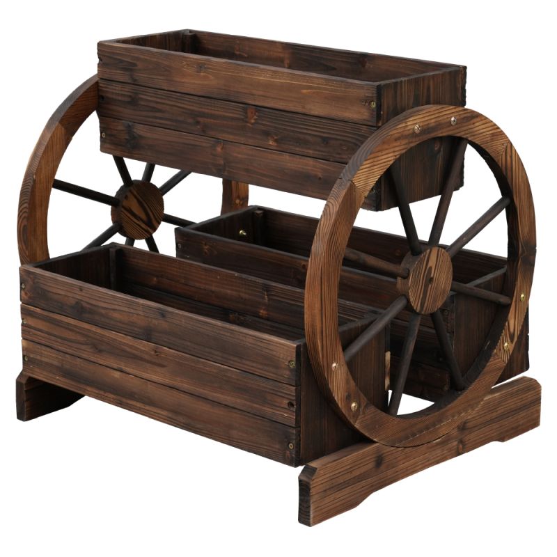 Drevený kvetináč z masívu, hnedý, v štýle vidieckeho voza