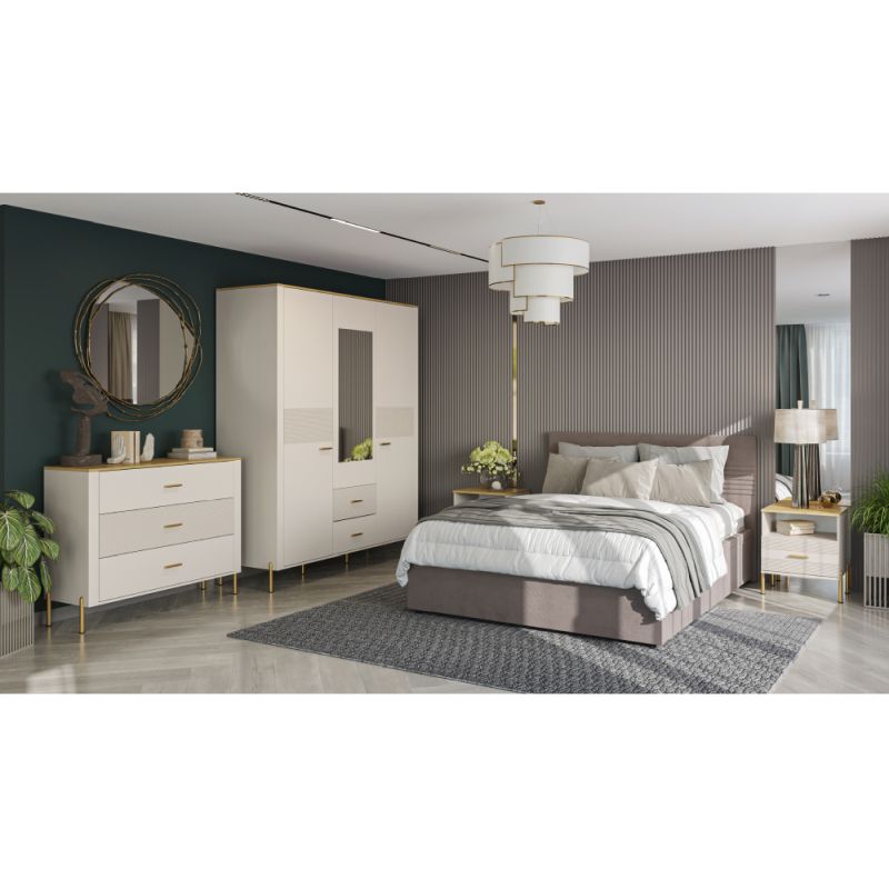 Komoda 3D, kašmír, dub kamenný, zlatá, 3-dvierková