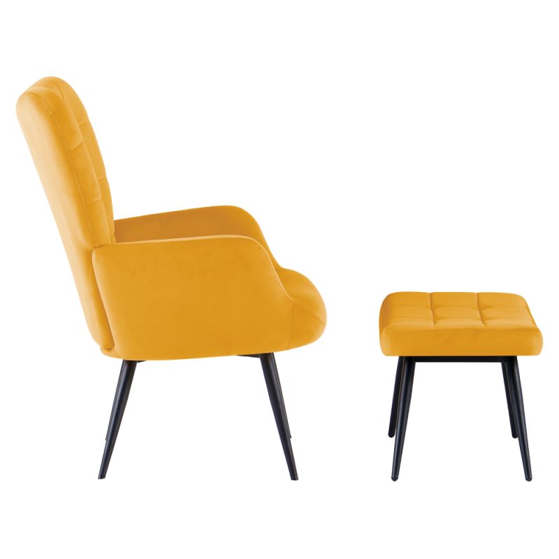 Kreslo s podnožou, žltá látka, čierne kovové nohy