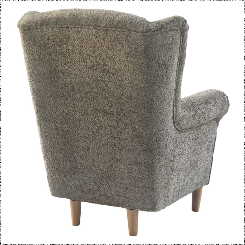 Dizajnové kreslo ušiak, sivobéžová Taupe Bouclé, drevené nohy