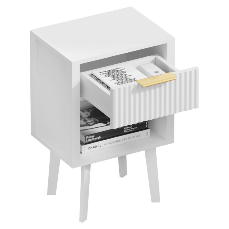 Moderný nočný stolík biely, so zásuvkou a poličkou