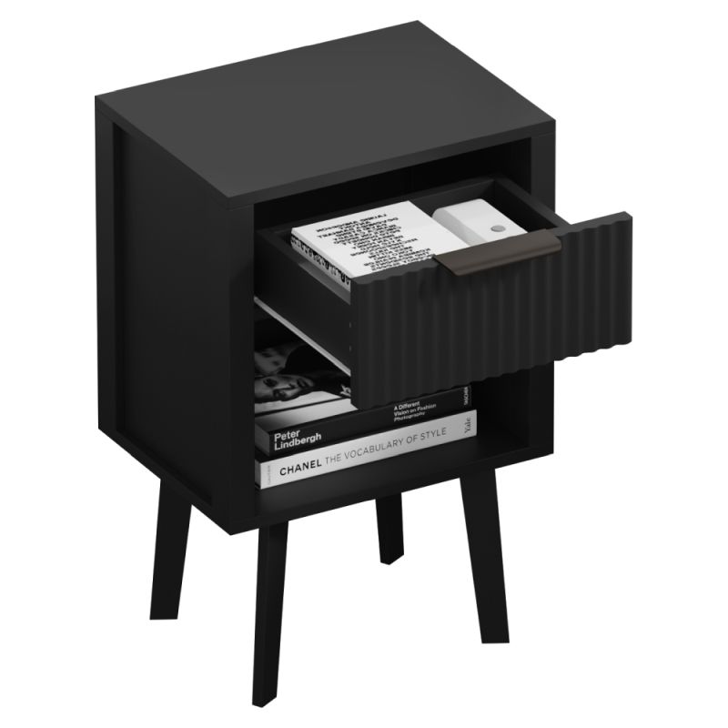 Moderný nočný stolík čierny, so zásuvkou a poličkou