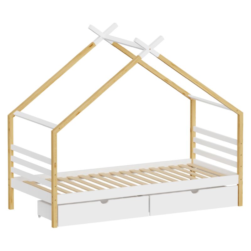 Montessori posteľ, 90x200, domček, biela, hnedá