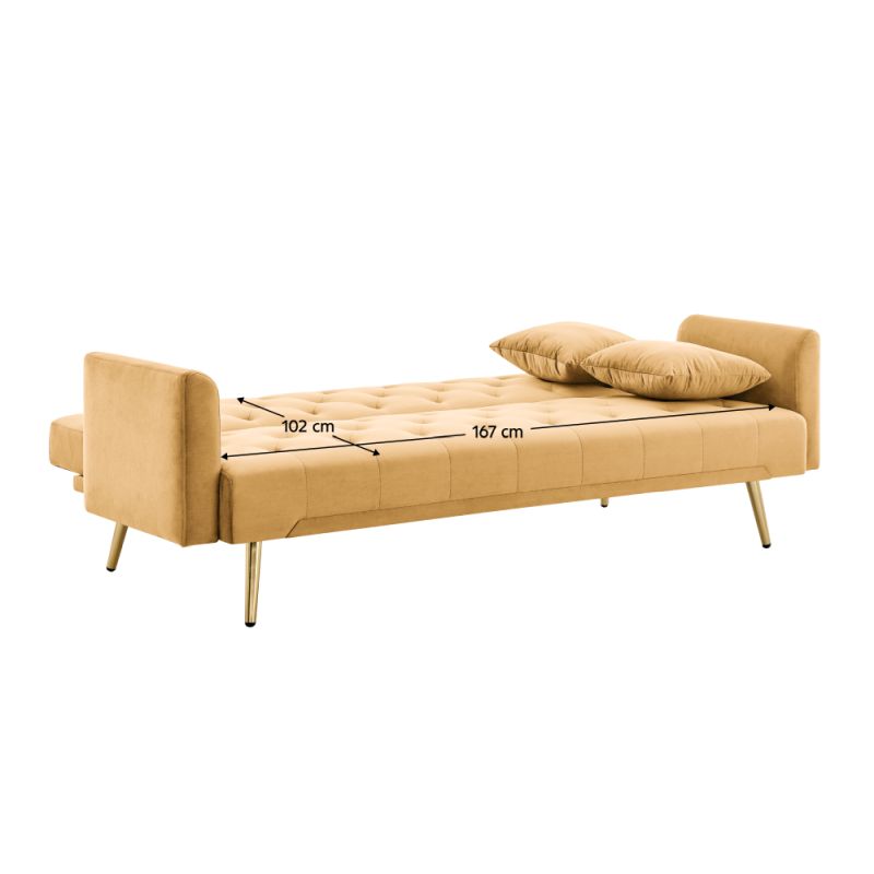 Luxusná rozkladacia pohovka, horčicová látka s gold chróm nožičkami