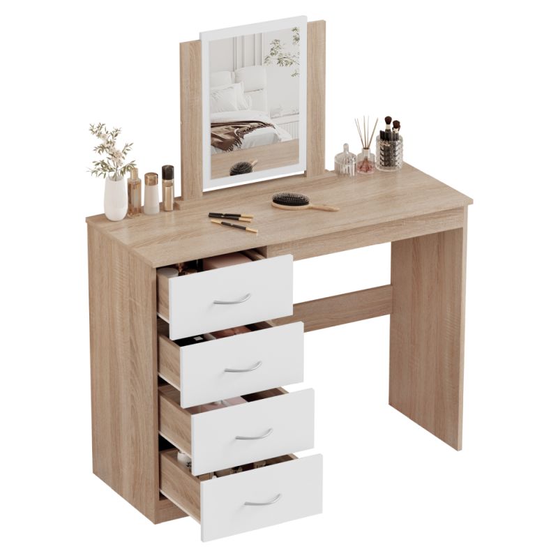 Toaletný stolík, biely, dub sonoma, so zrkadlom a zásuvkami