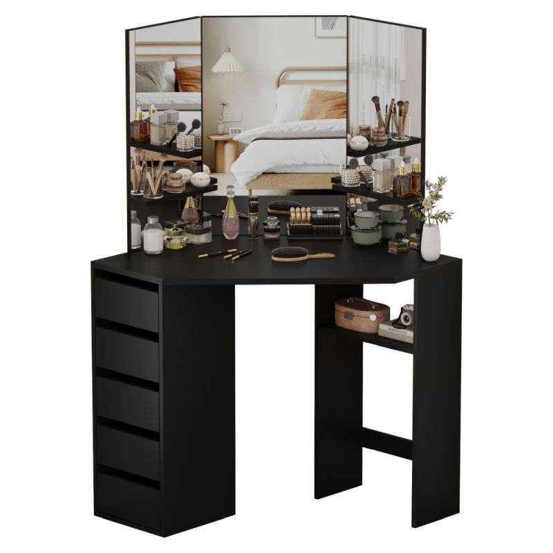 Rohový toaletný stolík, čierny, trojdielne zrkadlo