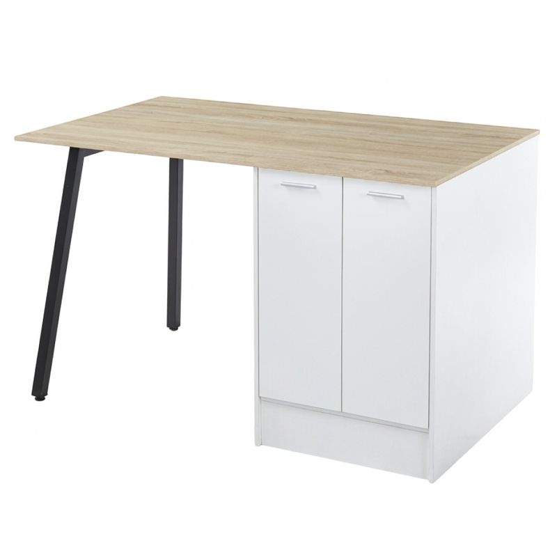 Kuchynský ostrovček, dub, biely, čierny, so zásuvkami a skrinkou