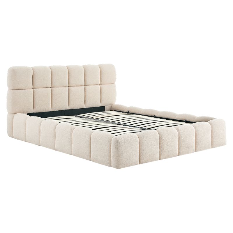 Manželská posteľ 160 s úložným priestorom, roštom a čalúneným čelom, béžová Bouclé látka