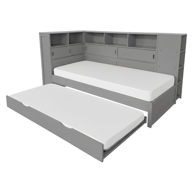 Posteľ 90x200 s prístelkou, regálom a úložným priestorom, sivá