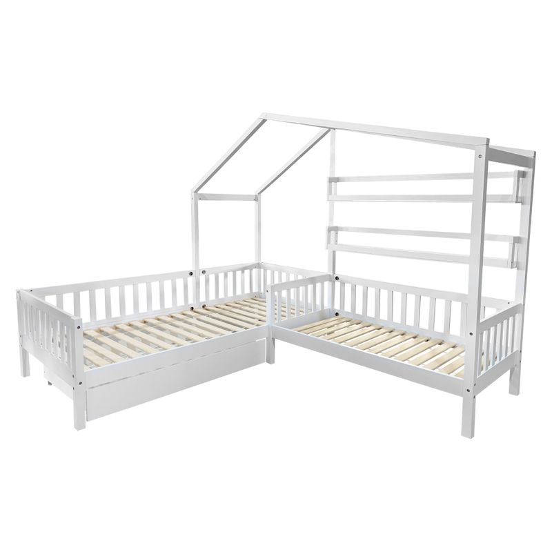 Montessori posteľ pre 2 deti 90x200 + 70x140 s roštom, biela