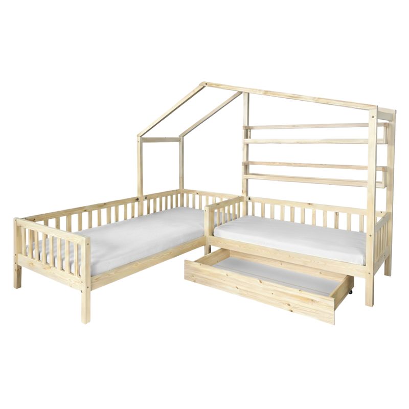 Montessori posteľ pre 2 deti 90x200 + 70x140 s roštom, prírodná