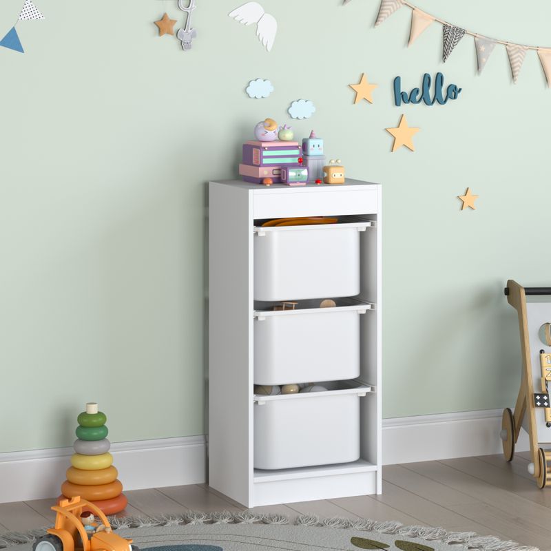 Regál s úložnými boxami, trojposchodový, biely