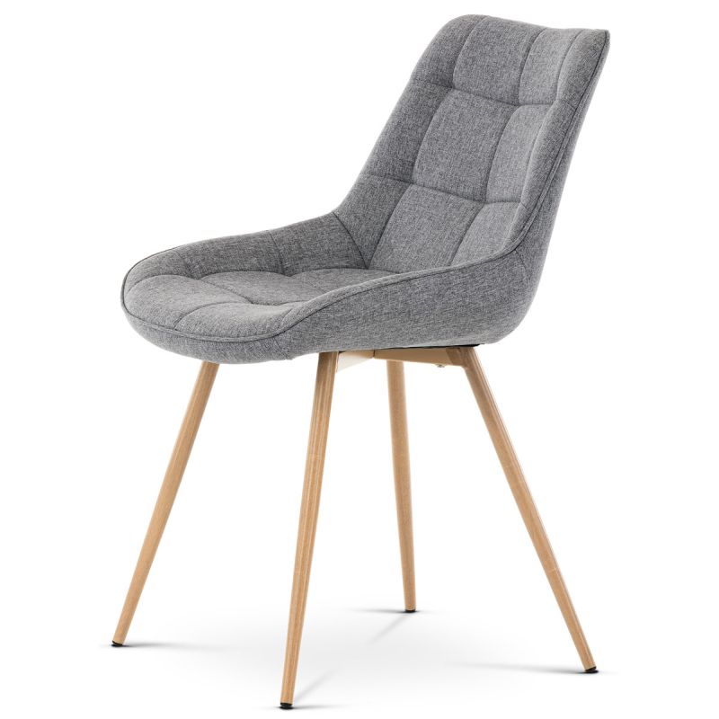 Jedálenská stolička, poťah šedá látka, kovové nohy, 3D dekor dub